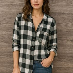 Plaid Button-Up Shirt - Black and White
